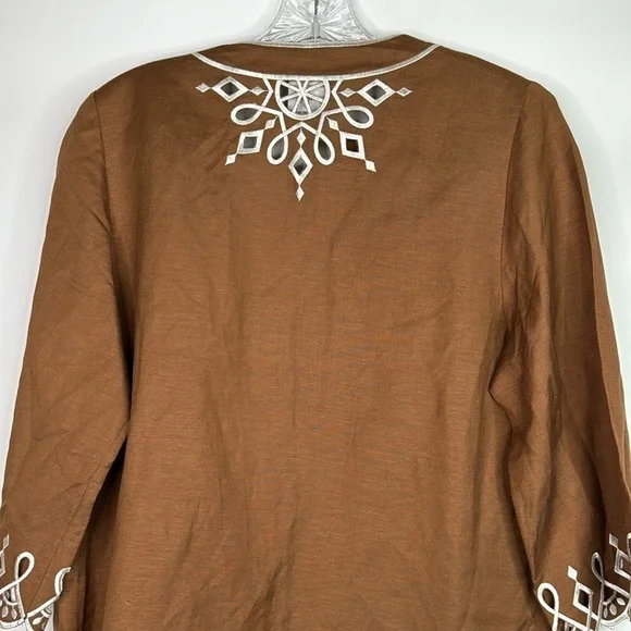 Bob Mackie Wearable Art Brown Embroidered Linen Blouse Size XS - Picture 5 of 8